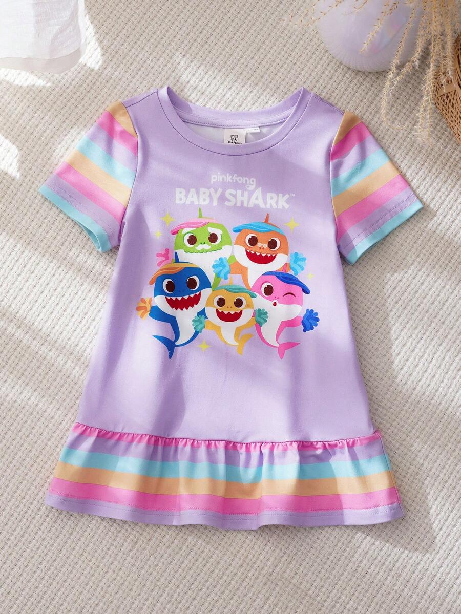 BABY SHARK X SHEIN Đầm ngắn tay cổ tròn kẻ sọc dễ thương cho bé gái, kiểu dáng bèo nhún. - Hồng - Xem 1