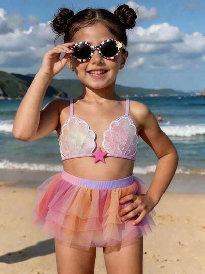 Young Girls' Gradient Color Spaghetti Strap Fashionable Bikini Set
