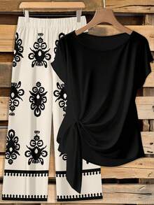 SHEIN Clasi Casual Minimalist Geometric Pattern Vacation Style Black Tie-Up Top And Loose Straight Leg Pants Set, Suitable For Spring/Summer, Plus Size 2-Piece - Multicolor - View 1