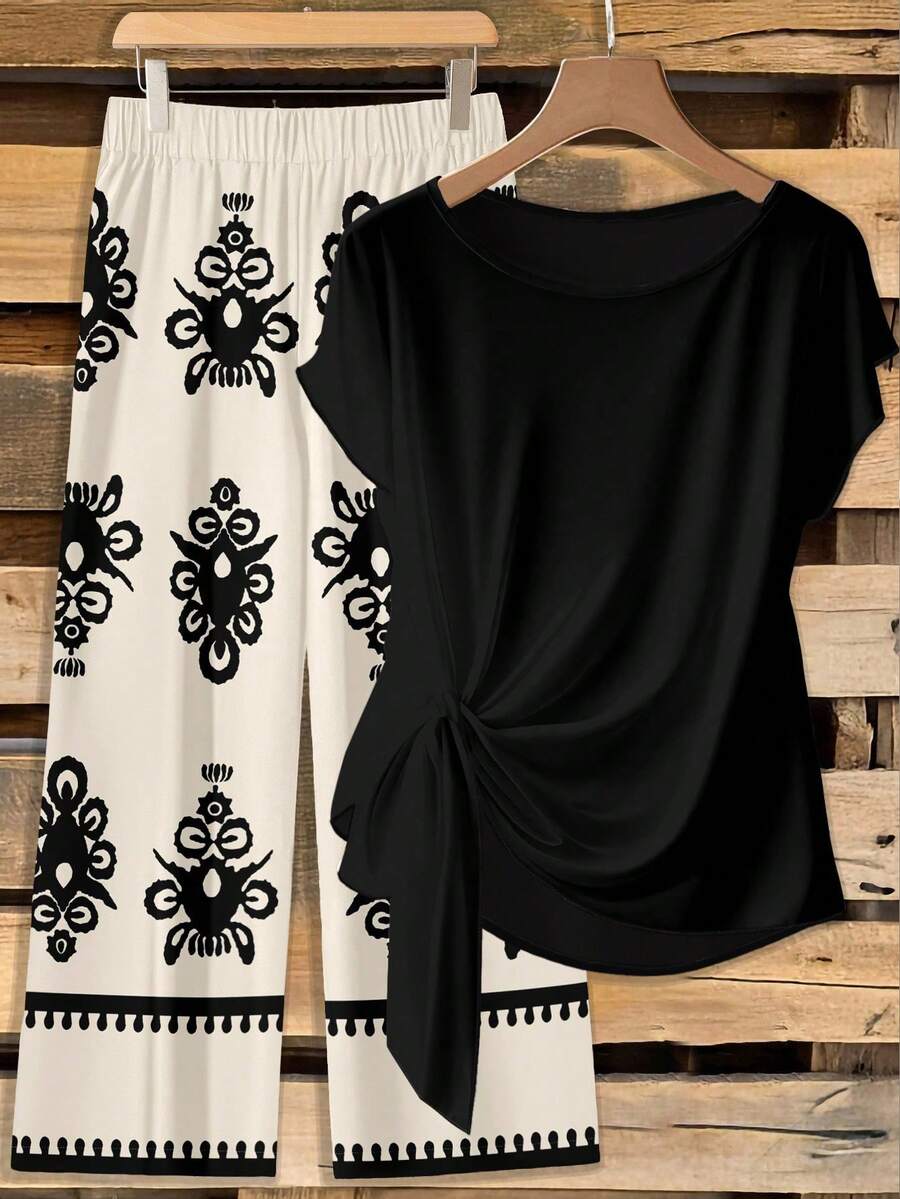 SHEIN Clasi Casual Minimalist Geometric Pattern Vacation Style Black Tie-Up Top And Loose Straight Leg Pants Set, Suitable For Spring/Summer, Plus Size 2-Piece - Multicolor - View 1