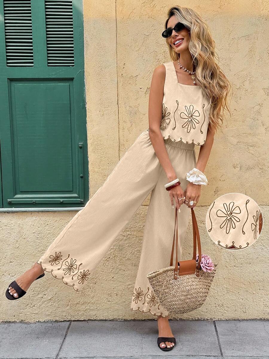 SHEIN Frenchy Bộ 2 món gồm áo in hoa và quần ống rộng dành cho nữ, thích hợp mặc hàng ngày. - màu nâu - Xem 1