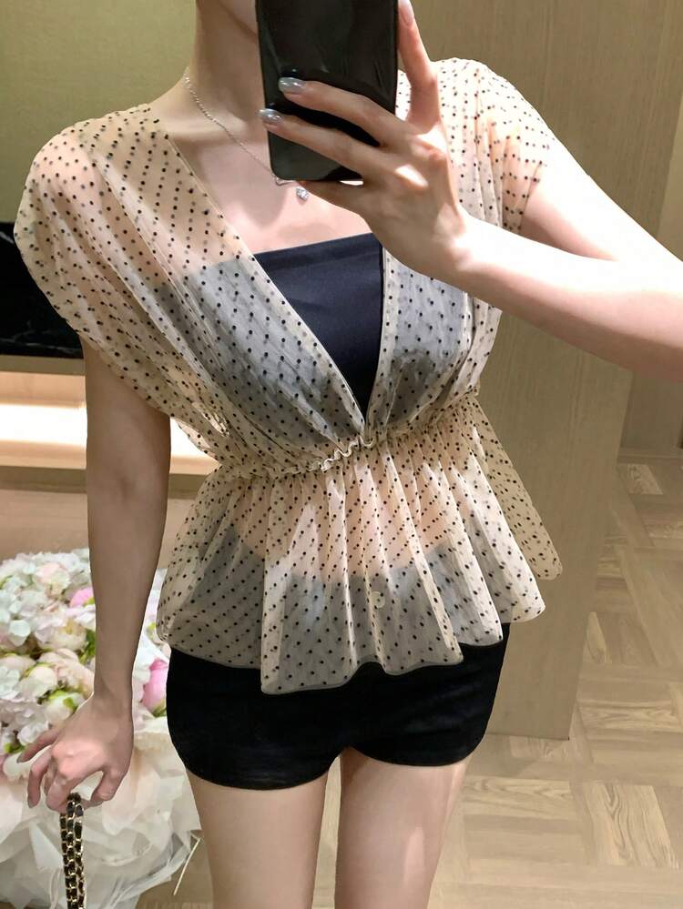 Women's V-Neck Sleeveless Polka Dot Flocked Waist Contrast Tape Elegant Pullover Blouse