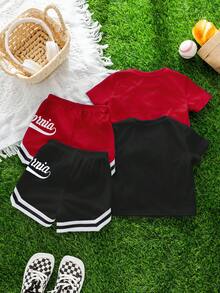 Conjunto de 4 piezas de top de punto de cuello redondo holgado con estampado de letras y pantalones cortos de color contrastante, estilo deportivo casual para bebé niño/niña, adecuado para primavera/verano, interior y exterior, deportes - Multicolor - Ver 2