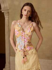 PREMIUM WOMEN'S LINEN PRINTED & EMBROIDERED HALTER NECK BLOUSE, SPRING/SUMMER - Coral Orange - View 6