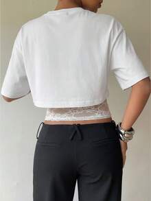 Siren Gaze 2-In-1 Design Women Lace Patchwork Short Sleeve T-Shirt, Y2K Style Summer Casual Top,Summer Top - White - View 2