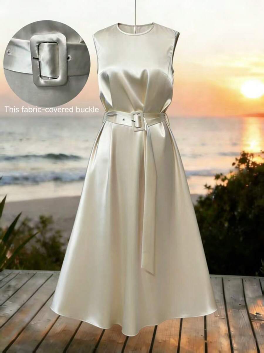 Franclia Đầm không tay màu mơ, thanh lịch kiểu Pháp, chất liệu vải lanh, có thắt lưng. - Màu be - Xem 1