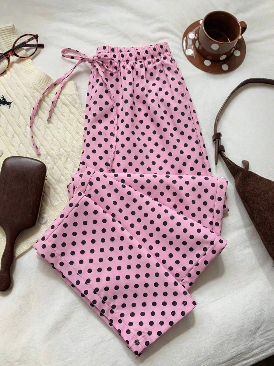SHEIN EZwear 女士抽绳腰带波点休闲百搭阔腿裤，适合日常穿着 - 粉色 - 查看 1
