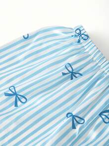 Bonmuse [Elegant Fields]2pcs Satin Striped Bow Print Short Sleeve Collar Top And Bow Shorts Women Pajama Set, Spring/Summerfor Summer - Blue - View 6