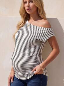 SHEIN Áo thun bầu cổ lệch kẻ sọc dáng rộng, thích hợp mặc mùa hè. - Đen và trắng - Xem 9