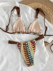 Swim Vcay Bộ bikini nữ đi biển mùa xuân/hè, chất liệu vải jacquard dệt kim, trang sức kim loại, dây đeo vai thô, lưng đẹp, gợi cảm, thời trang, thanh lịch. - Nhiều màu - Xem 2