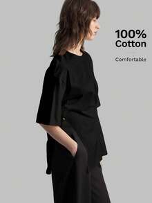 Ontre 2026春夏新款女士黑色纯色休闲修身T恤，宽松版型，适合商务、休闲、海滩、生日派对、教师制服、返校、办公穿着 - 黑色 - 查看 4