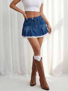 SHEIN ICON Chân váy denim nữ kiểu dáng thường ngày có túi và thiết kế xếp nếp. - Màu xanh lam - Xem 4