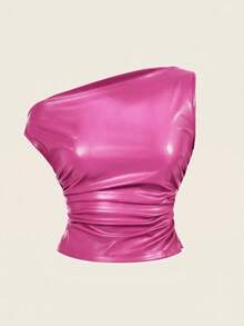 Siren Gaze Áo da nữ phong cách thường ngày thập niên 90, trang phục đường phố, áo tank top PU cổ xếp ly màu trơn, áo không tay, áo đi chơi, áo nữ mùa thu thích hợp cho đi chơi và dự tiệc, áo da nữ màu hồng, áo da mềm mại, áo nữ mùa hè. - Màu Hồng Tươi - Xem 2