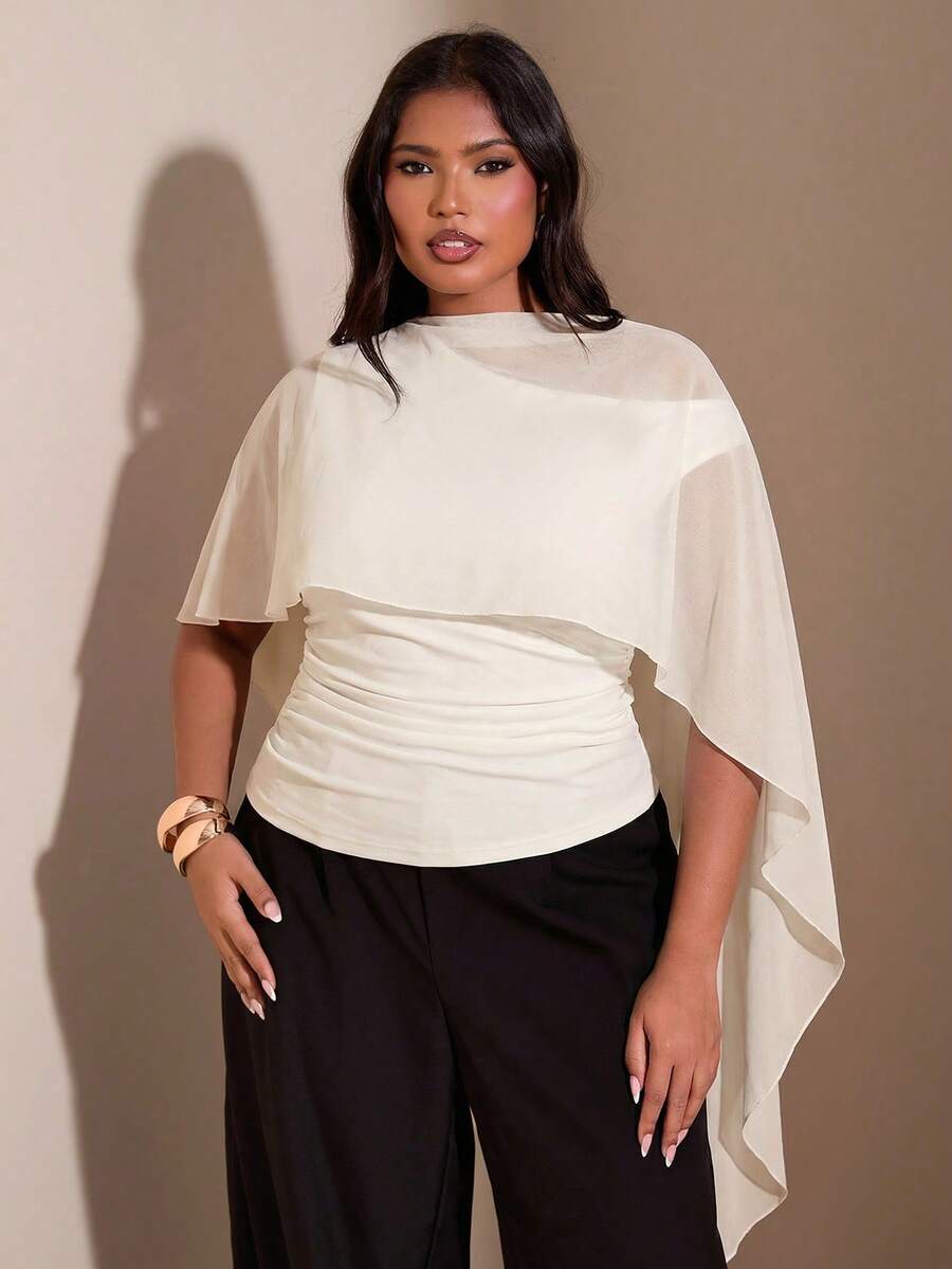 SHEIN BAE Áo ôm dáng tôn dáng dành cho người có thân hình đầy đặn, thiết kế dây đeo vai bất đối xứng. - Màu be - Xem 1