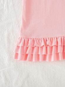 1pc Girls Ruffled Hem Butterfly Print Polo Collar Puff Sleeve Casual Beach Dress, Sweet & Fashionable - Pink - View 6