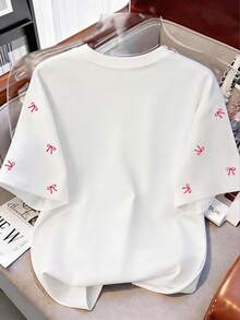 Resyla Plus Size Casual Bow Decor Romantic All-Over Print Round Neck Women Short Sleeve T-Shirt - White - View 2