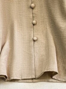 Seusyu 女士荷叶边长袖刺绣休闲宽松百搭舒适日常穿着大码衬衫 - 杏色 - 查看 7