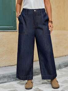 EMERY ROSE EMERY ROSE Plus Size Women Pocketed Button Fly Casual Versatile Daily Wear Wide Leg Jeans - Dark Wash - View 5