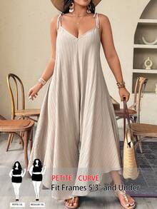 SHEIN PETITE CURVE 大码女式卡其色编织V领系带宽松纹理休闲连体裤，轻松夏日度假风 - 卡其色 - 查看 7