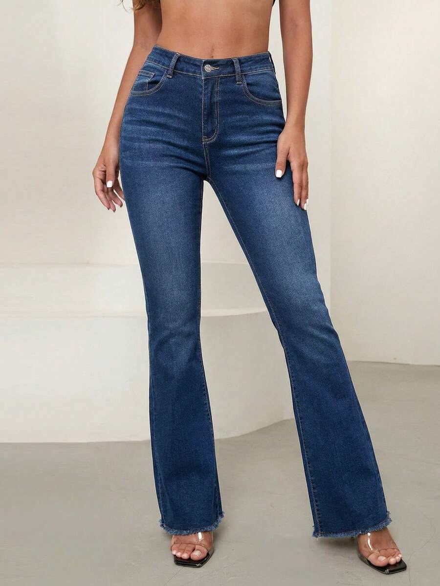 Breezaya Quần jean ống loe đơn giản hàng ngày cho nữ - Rửa tối - Xem 1