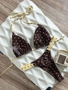 Swim Mod Ensemble de bikini à col ras-du-cou à imprimé aléatoire pour femmes, printemps/été - Multicolore - Voir 4