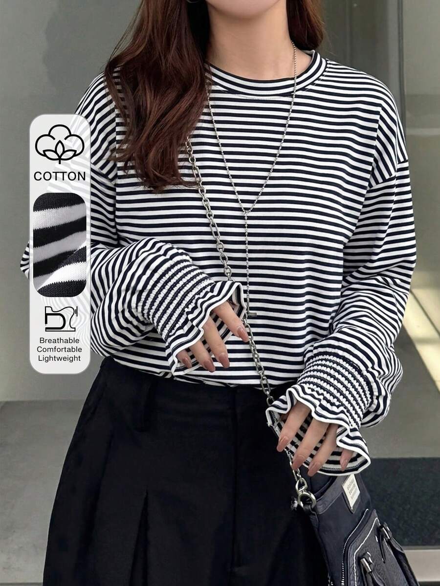 FRIFUL Kaos Lengan Panjang Bergaris Kasual Wanita, Musim Semi/Musim Gugur - Hitam dan Putih - View 1
