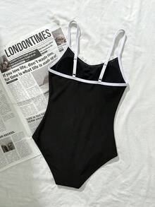 SHEIN 少女蕾丝拼接前褶皱蝴蝶结连体泳衣 - 黑與白 - 查看 4