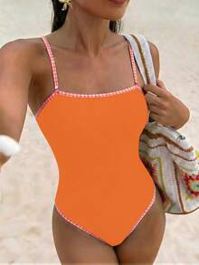 Swim Vcay بدلة سباحة قطعة واحدة ذات طبعة زهور صغيرة مع تشطيب هندسي، ملابس شاطئ شائعة للربيع/الصيف - لون برتقالي - مشاهدة 2