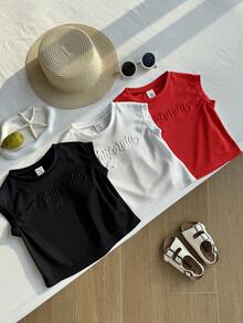 SHEIN 3件套男婴可爱休闲百搭针织字母3D立体压纹图案无袖宽松上衣，夏季套装 - 彩色 - 查看 4