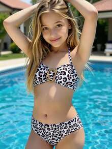 SHEIN Tween Girl Summer Beach Leopard Print Halter Tie Bikini And Triangle Panty Swimsuit Set - Multicolor - View 4