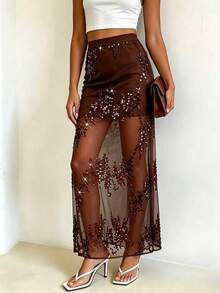 NOVVYNE Luxury Lightweight Sequin Embroidered Mesh Fabric Sexy Fitted Elastic Waist Long Sheer Lined Skirt, Fashionable For Dates,Party Spring/Summer Outfit Summer Skirt - Brown - View 1