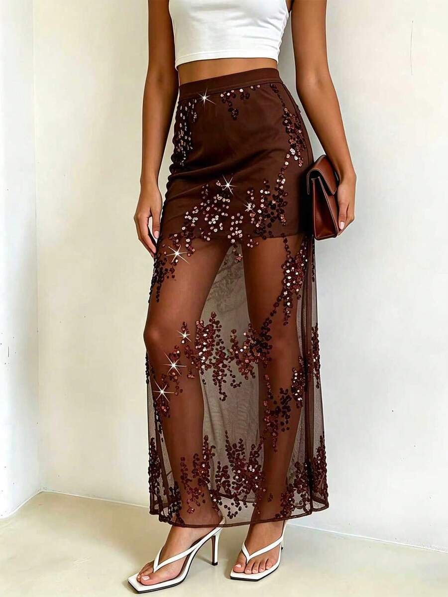 NOVVYNE Luxury Lightweight Sequin Embroidered Mesh Fabric Sexy Fitted Elastic Waist Long Sheer Lined Skirt, Fashionable For Dates,Party Spring/Summer Outfit Summer Skirt - Brown - View 1