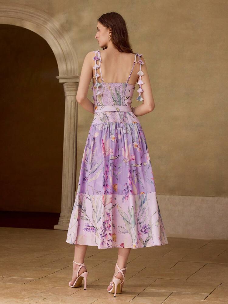 WOMEN'S CONTRAST COLOR FLORAL PRINTED LINEN DRESS, SPRING/SUMMER