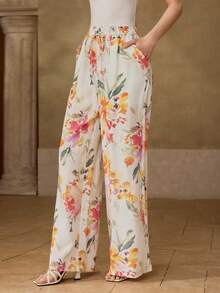 MOTF PREMIUM WOMEN'S LINEN PRINTED PANTS, AUTUMN TEA PARTY WHITE FLORAL ELEGANT - Light Yellow - View 7