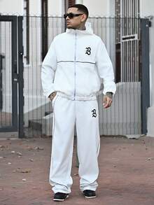 Devon Thys 男士字母印花连帽拉链夹克和撞色滚边裤子套装 男士两件套 男士街头服饰套装 男士运动服套装 慢跑服 男士慢跑套装，防风衣/户外防风衣，派克大衣，街头服饰，慢跑服 - 白色 - 查看 7