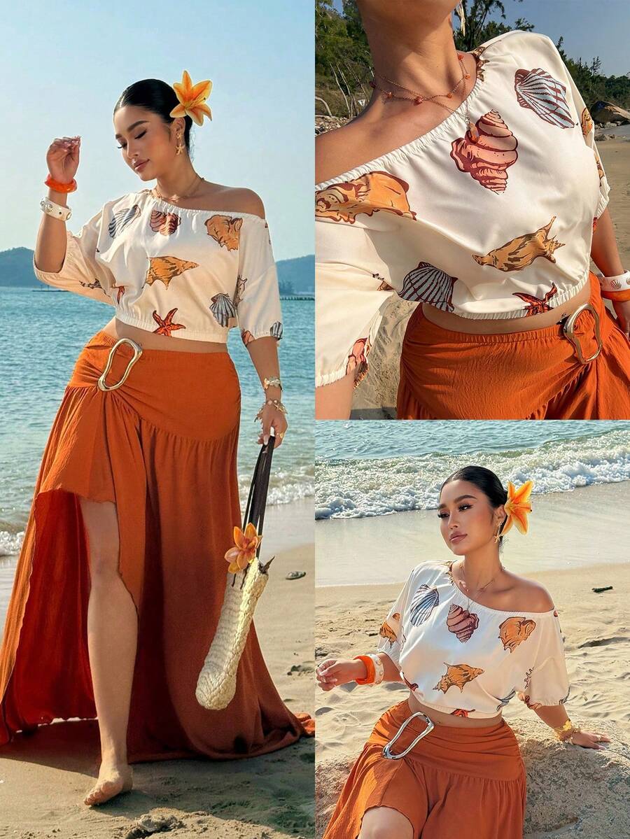 Sunnyshic Plus Size Women's 2026 New Design Seashell Pattern Fashion Asymmetrical Shoulder Short Sleeve Waist Crop Shirt, Suitable For Graduation Party, Cosplay, Elegant, Fashionable, Casual Women's Beach Outfits Greece Outfits For Women - Multicolor - View 1