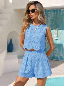 Vivid Eden Women's Elegant Blue Floral Eyelash Lace 2 Pieces Set,Summer Boho Holiday Jacquard Two Piece Sets,Vacation Outfits For Women,Beach Tea Party Brunch - Blue - View 14