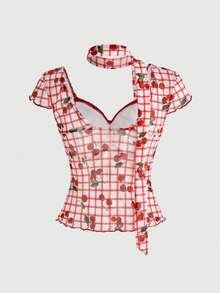 ROMWE 女士格子樱桃印花蝴蝶结装饰修身休闲短袖T恤 - 紅白色 - 查看 4