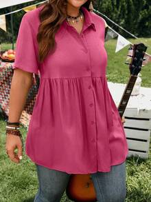 EMERY ROSE Short Sleeve Blue Button-Up Shirt, Casual Vacation Shirt With Longer Back, Plus Size, Suitable For Spring & Summer - Hot Pink - View 6