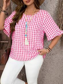 EMERY ROSE 大码格子简约休闲圆领短袖衬衫 - 玫紅色 - 查看 1