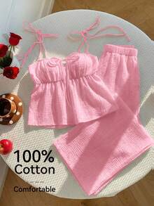 Comfortcana Plus Size 2 Pieces Set: Linen Ruffle Hem Camisole And Wide Leg Pants, Casual Holiday Style - Pink - View 5
