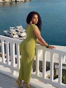 Slaydiva Đầm dài dáng ôm màu trắng trễ vai, xếp ly phía trước, kiểu dáng thanh lịch, thích hợp cho cả tiệc tùng và mặc hàng ngày, chất liệu vải dệt kim gợn sóng. - màu xanh lá - Xem 2