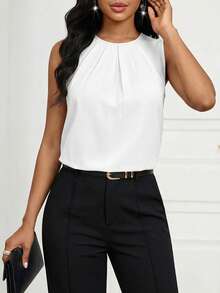 SHEIN Lady 女士圆领无袖衬衫、无袖上衣 - 白色 - 查看 5