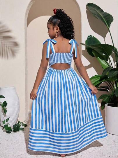 Tween Girl Fashion Summer Beach Vacation Blue & White Striped Spaghetti Strap A-Line Dress