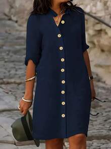 EMERY ROSE Vestido casual con cuello en V y botones delanteros para tallas grandes - azul real - Ver 1