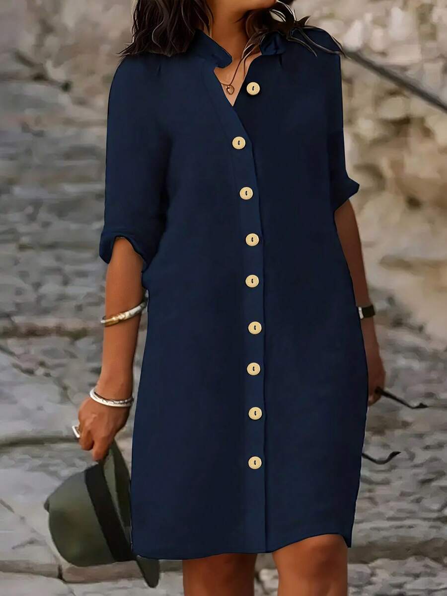 EMERY ROSE Vestido casual con cuello en V y botones delanteros para tallas grandes - azul real - Ver 1