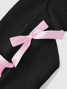 ROMWE Áo khoác cardigan dệt kim trơn màu trơn, đa năng, kiểu Kawaii, cỡ lớn, có nơ, màu hồng. - màu đen - Xem 3