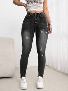 SHEIN ICON 女士口袋纽扣做旧休闲百搭日常牛仔裤 - 黑色 - 查看 4