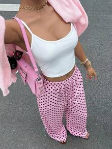 SHEIN EZwear 女士抽绳腰带波点休闲百搭阔腿裤，适合日常穿着 - 粉色 - 查看 7
