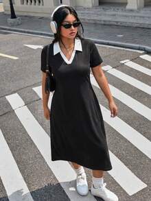 Muchica Plus Size Contrast Trim Casual Daily Short Sleeve Dress, Spring/Summer - Black - View 3